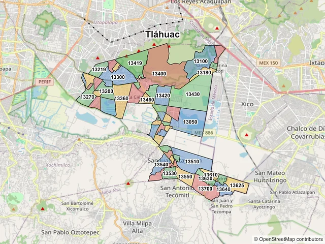Mapa de códigos postales de Tláhuac, Ciudad de México