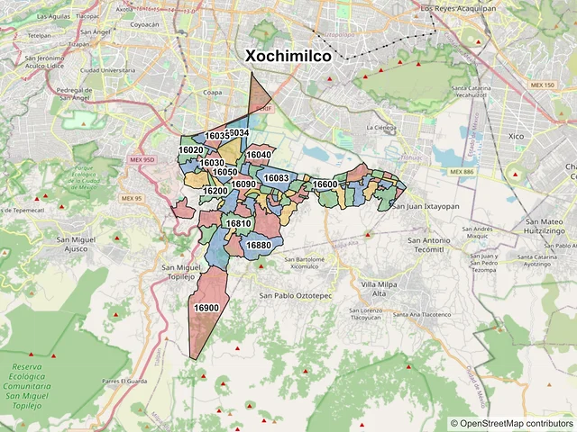 Mapa de códigos postales de Xochimilco, Ciudad de México