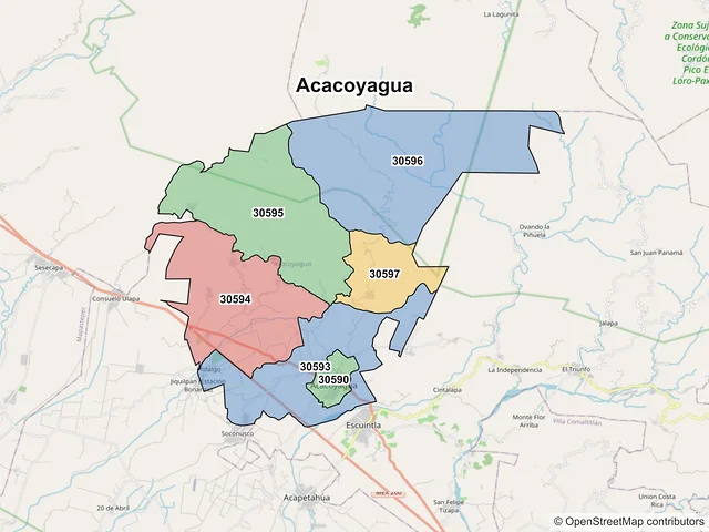 Mapa de códigos postales de Acacoyagua, Chiapas