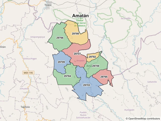 Mapa de códigos postales de Amatán, Chiapas