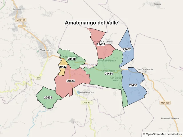 Mapa de códigos postales de Amatenango del Valle, Chiapas