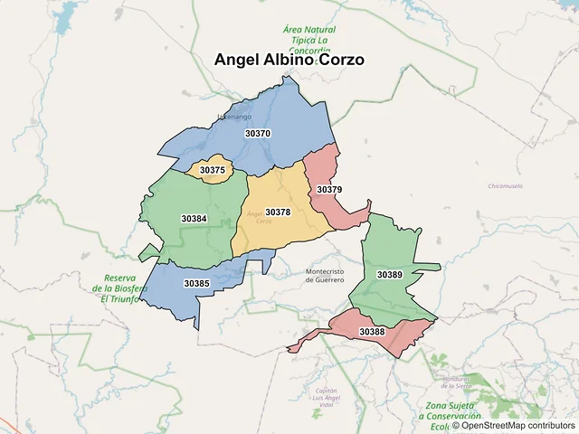 Mapa de códigos postales de Angel Albino Corzo, Chiapas