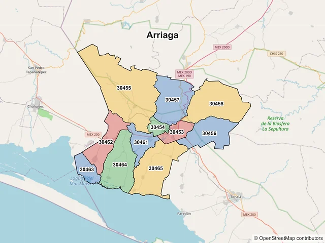 Mapa de códigos postales de Arriaga, Chiapas