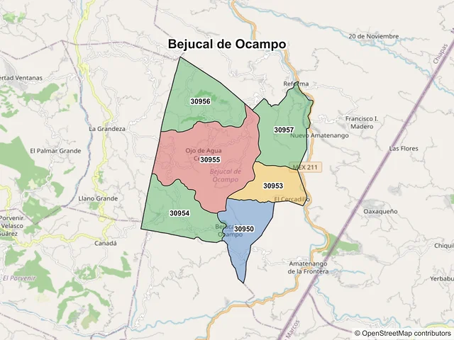 Mapa de códigos postales de Bejucal de Ocampo, Chiapas
