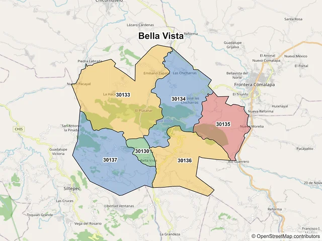 Mapa de códigos postales de Bella Vista, Chiapas