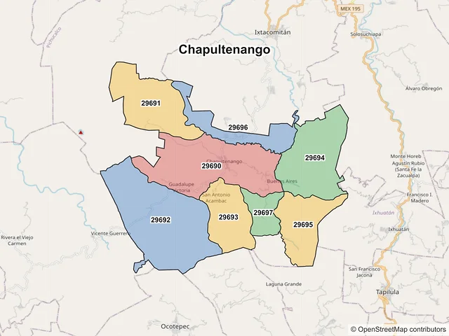 Mapa de códigos postales de Chapultenango, Chiapas