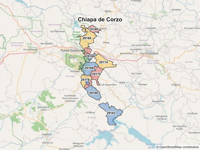 Mapa de códigos postales de Chiapa de Corzo, Chiapas