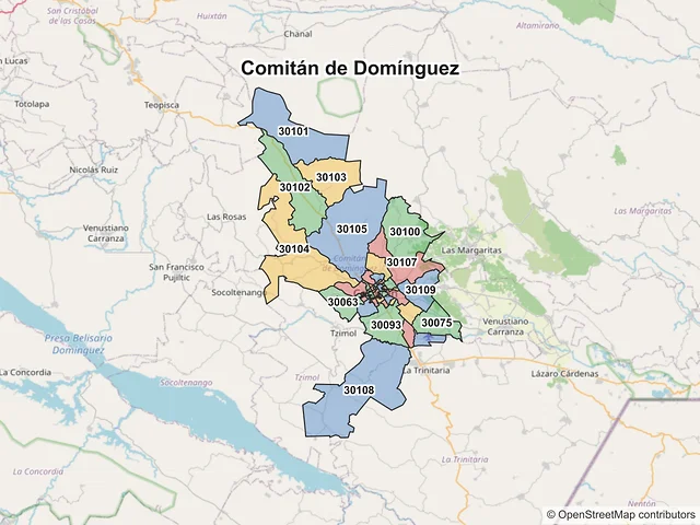 Mapa de códigos postales de Comitán de Domínguez, Chiapas
