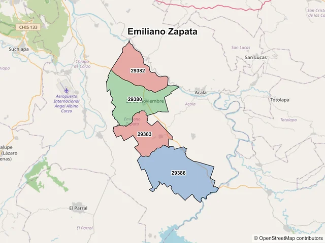 Mapa de códigos postales de Emiliano Zapata, Chiapas