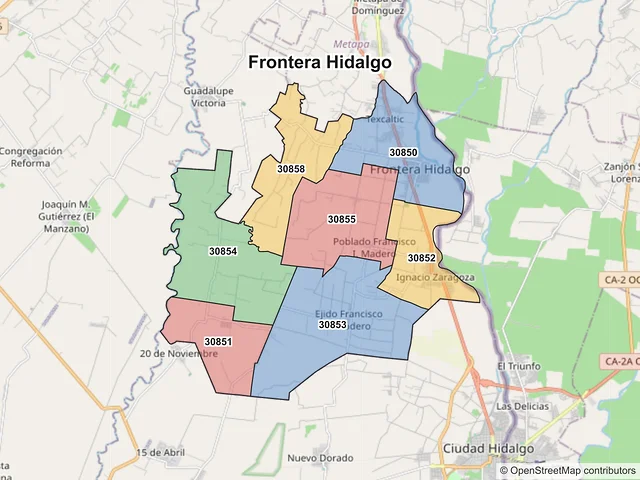 Mapa de códigos postales de Frontera Hidalgo, Chiapas
