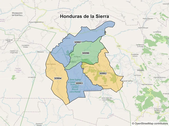 Mapa de códigos postales de Honduras de la Sierra, Chiapas