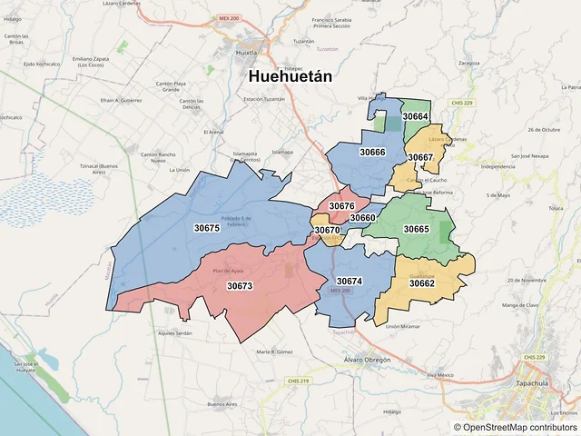 Mapa de códigos postales de Huehuetán, Chiapas