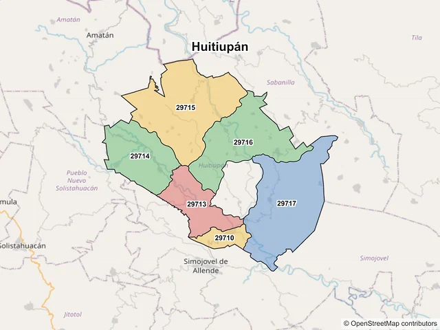 Mapa de códigos postales de Huitiupán, Chiapas
