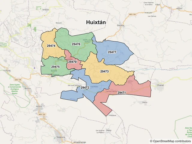 Mapa de códigos postales de Huixtán, Chiapas
