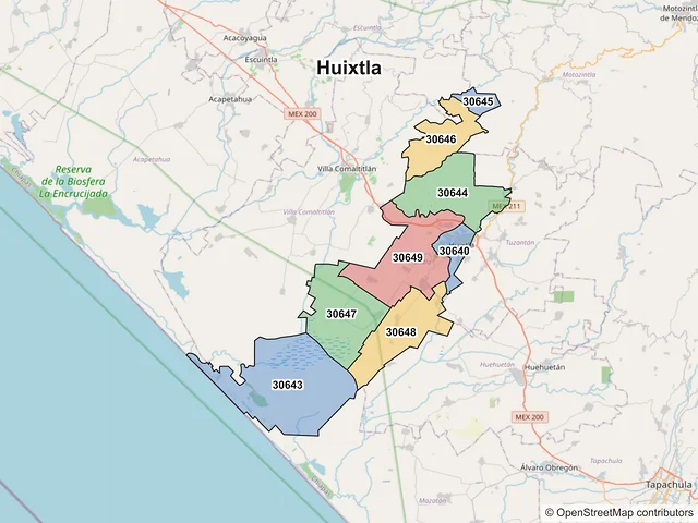 Mapa de códigos postales de Huixtla, Chiapas