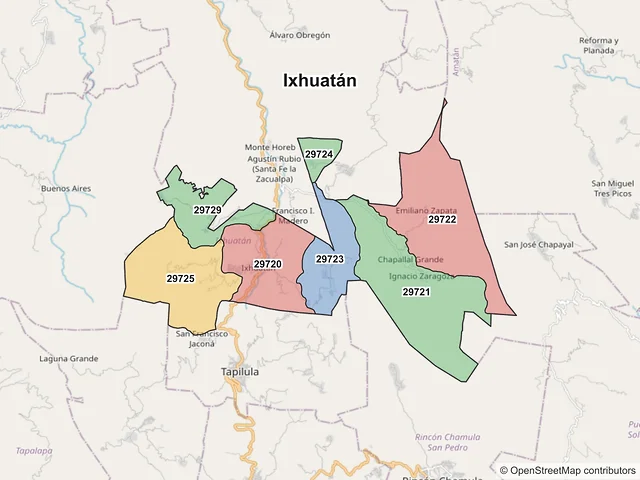 Mapa de códigos postales de Ixhuatán, Chiapas
