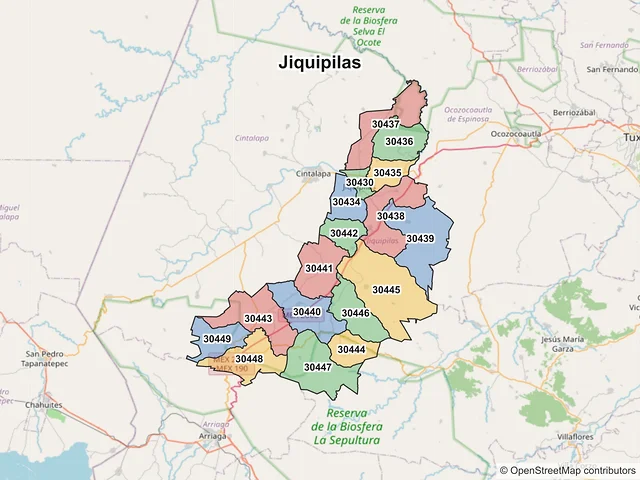 Mapa de códigos postales de Jiquipilas, Chiapas