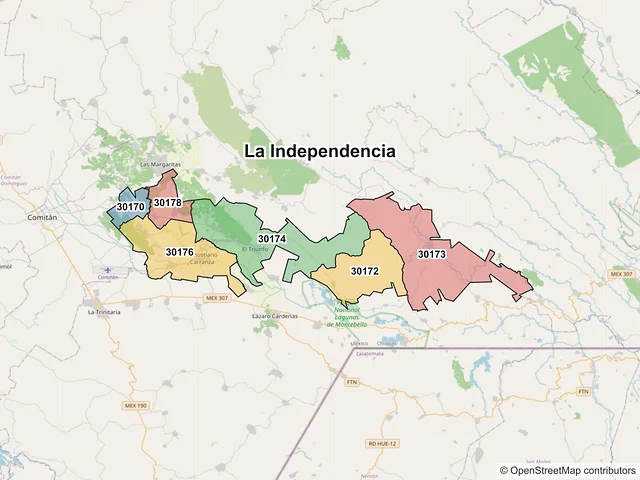Mapa de códigos postales de La Independencia, Chiapas