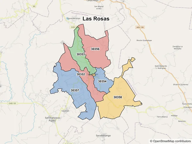 Mapa de códigos postales de Las Rosas, Chiapas