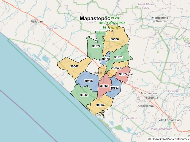 Mapa de códigos postales de Mapastepec, Chiapas