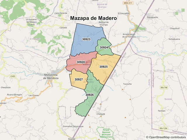 Mapa de códigos postales de Mazapa de Madero, Chiapas