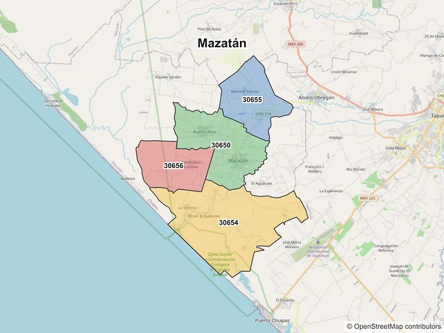 Mapa de códigos postales de Mazatán, Chiapas