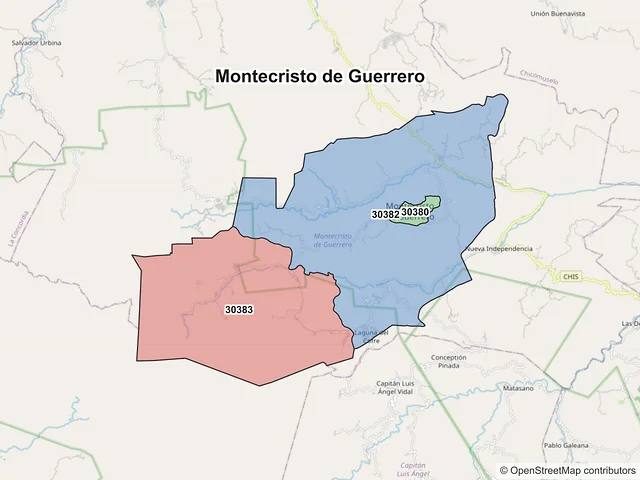 Mapa de códigos postales de Montecristo de Guerrero, Chiapas