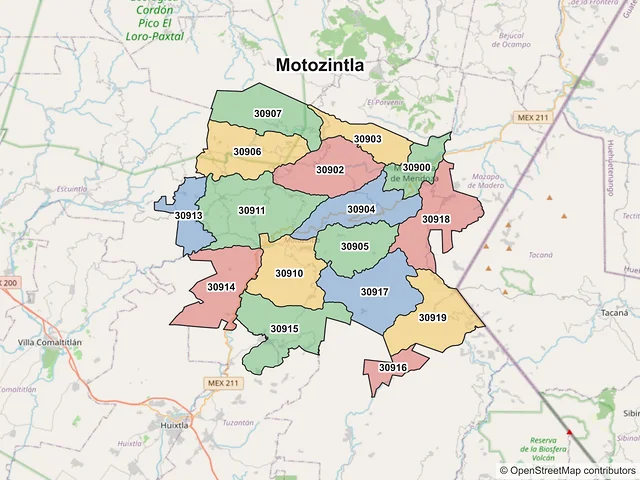 Mapa de códigos postales de Motozintla, Chiapas