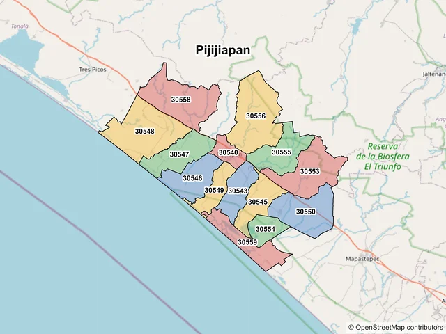 Mapa de códigos postales de Pijijiapan, Chiapas