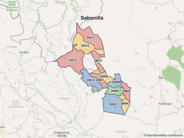 Mapa de códigos postales de Sabanilla, Chiapas