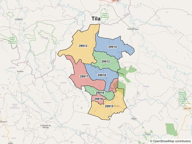 Mapa de códigos postales de Tila, Chiapas