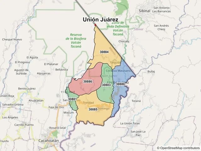 Mapa de códigos postales de Unión Juárez, Chiapas