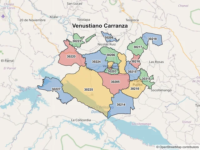 Mapa de códigos postales de Venustiano Carranza, Chiapas