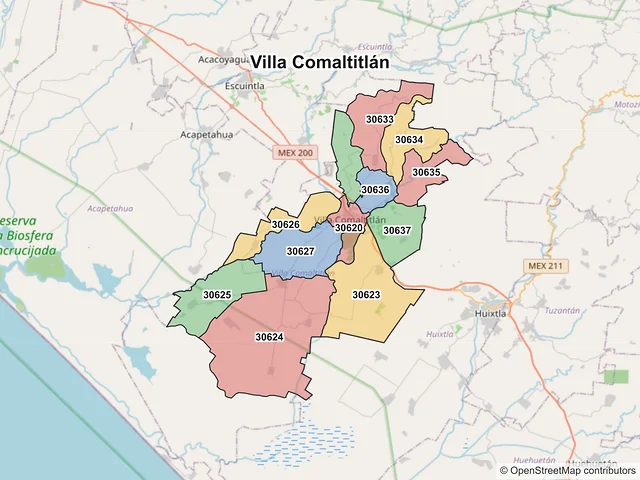 Mapa de códigos postales de Villa Comaltitlán, Chiapas