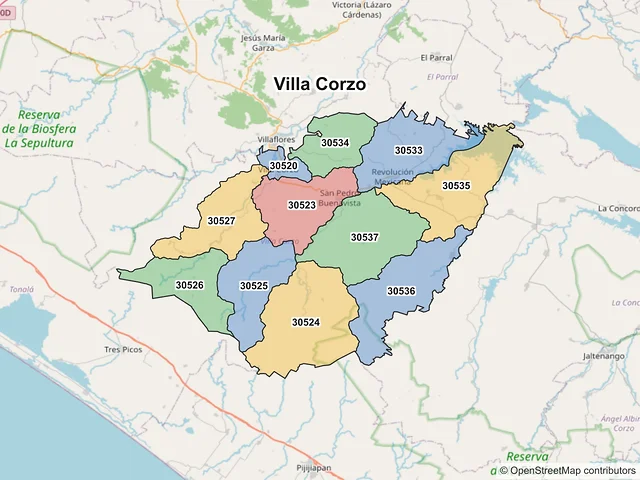 Mapa de códigos postales de Villa Corzo, Chiapas