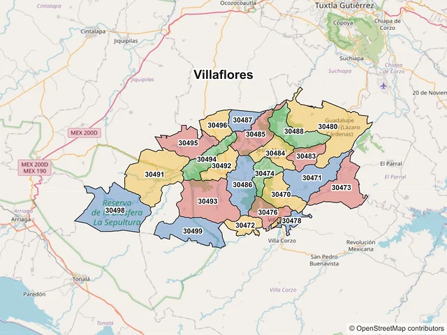 Mapa de códigos postales de Villaflores, Chiapas