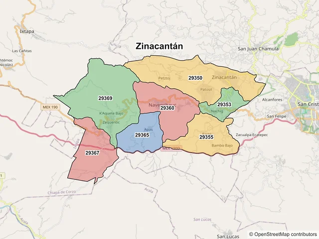 Mapa de códigos postales de Zinacantán, Chiapas