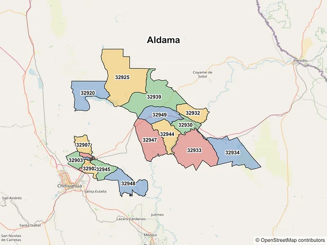 Mapa de códigos postales de Aldama, Chihuahua