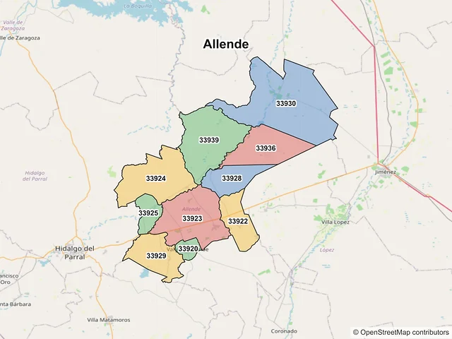 Mapa de códigos postales de Allende, Chihuahua