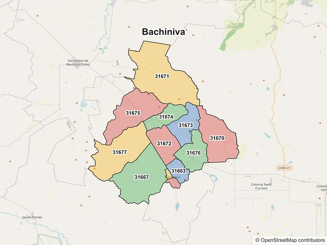 Mapa de códigos postales de Bachíniva, Chihuahua