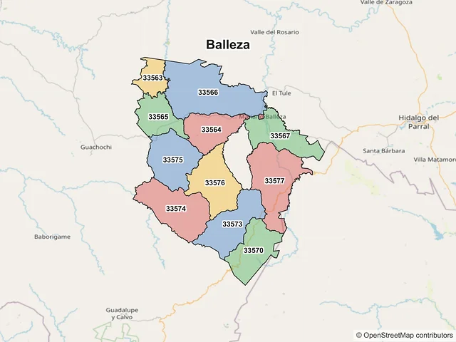 Mapa de códigos postales de Balleza, Chihuahua