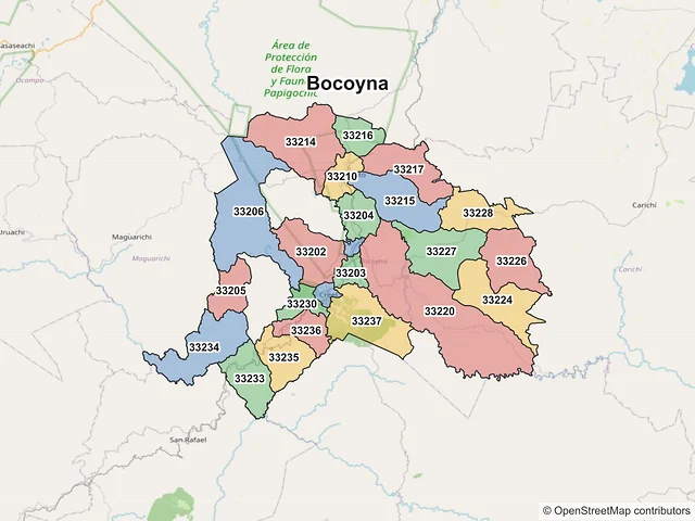 Mapa de códigos postales de Bocoyna, Chihuahua