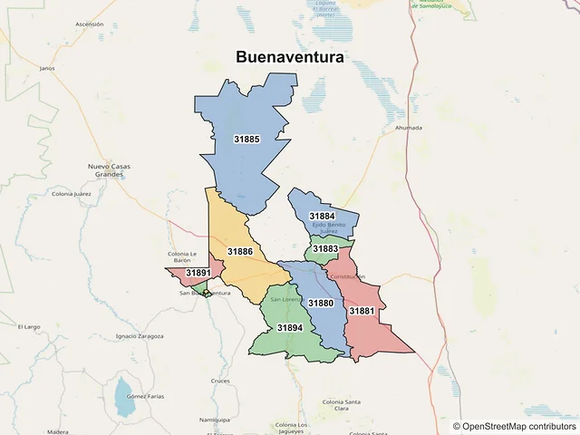 Mapa de códigos postales de Buenaventura, Chihuahua