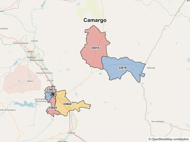 Mapa de códigos postales de Camargo, Chihuahua