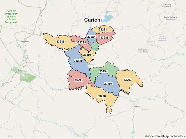 Mapa de códigos postales de Carichí, Chihuahua