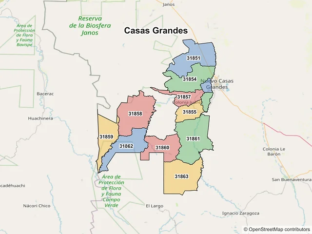 Mapa de códigos postales de Casas Grandes, Chihuahua