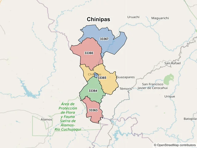 Mapa de códigos postales de Chínipas, Chihuahua