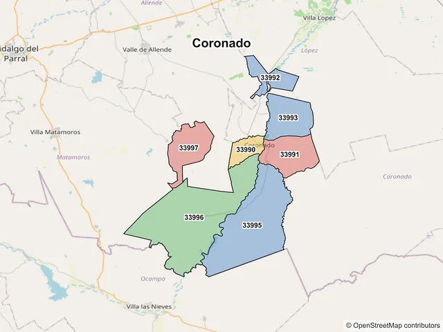 Mapa de códigos postales de Coronado, Chihuahua
