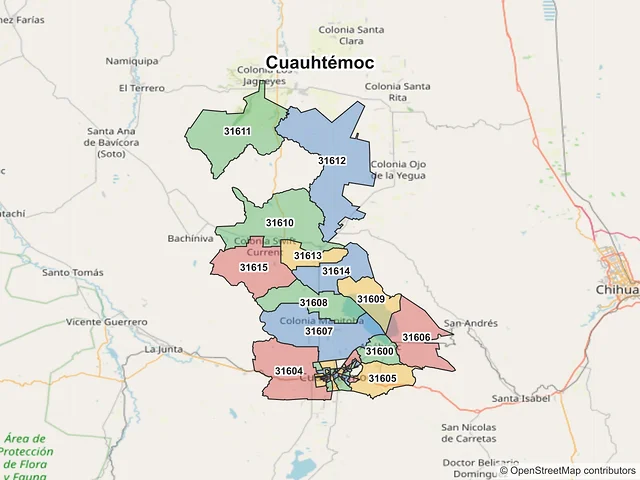Mapa de códigos postales de Cuauhtémoc, Chihuahua