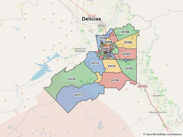 Mapa de códigos postales de Delicias, Chihuahua